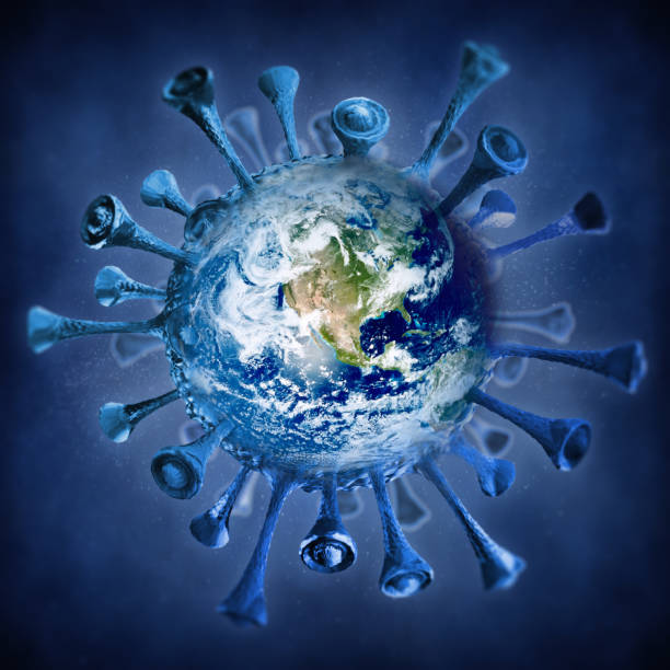 istock Earth map textured fictitious virus against blue background 1216602111