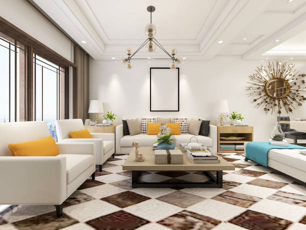 istock 3D rendering, spacious living room design of modern residence, with sofa, tea table, decorative painting, etc 1216603086