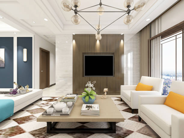 istock 3D rendering, spacious living room design of modern residence, with sofa, tea table, decorative painting, etc 1216603090