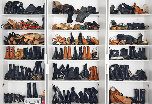 Empty messy shoes closet, Quebec, canada