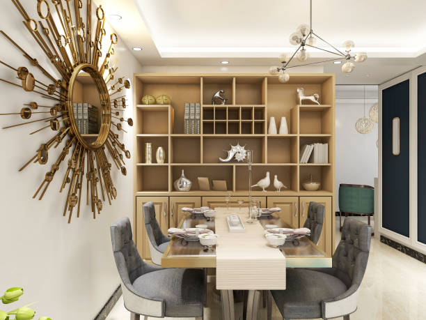 istock 3D rendering, warm dining room area design, wooden table and chair 1216603662