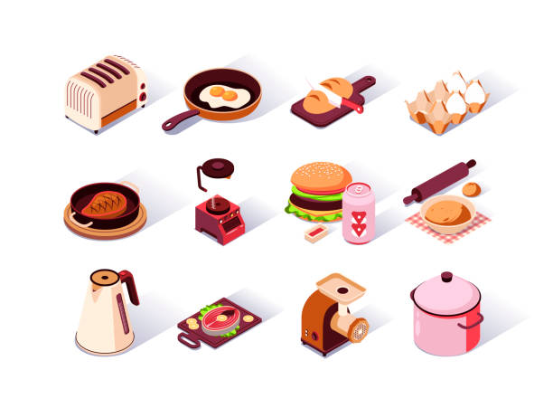 illustrations, cliparts, dessins animés et icônes de ensemble d’icônes isométriques d’ustensiles de cuisine. grille-pain, cafetière, hamburger au soda, bouilloire électrique, broyeur à viande, mélangeur et œufs frits dans la poêle. - magasin dustensiles de cuisine