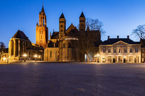 Unique view of a empty Vrijthof square and no people in downtown Maastricht during blue hour