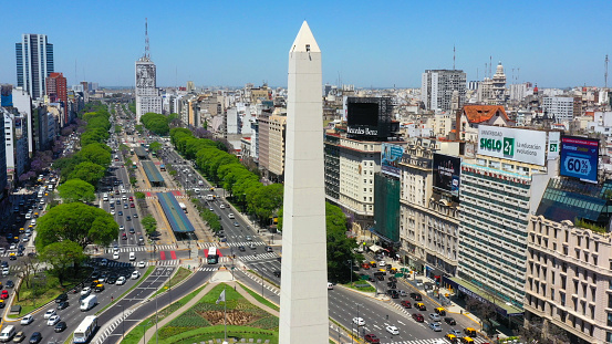 Obelisk of Buenos Aires, historic monument and icon of Buenos Aires, located in the Plaza de la Republica in the intersection of avenues Corrientes and 9 de Julio, Buenos Aires, Argentina