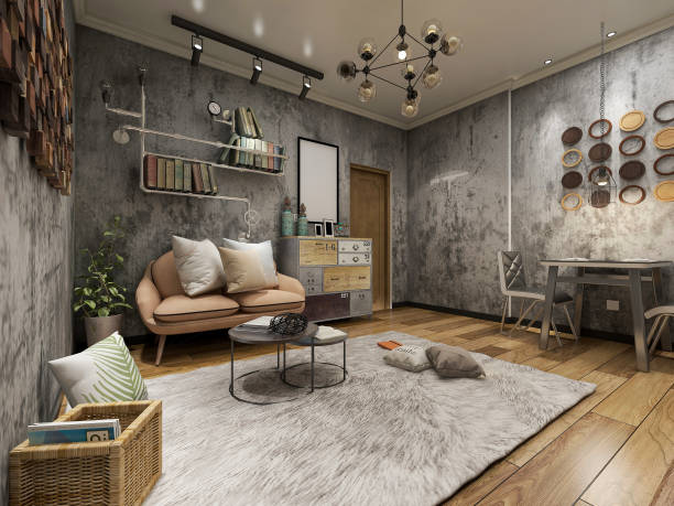 3d-rendering, wohnzimmergestaltung im industriellen stil mit sofas, couchtischen, dekorativen gemälden usw. - curtain home decorating living room showcase interior stock-fotos und bilder