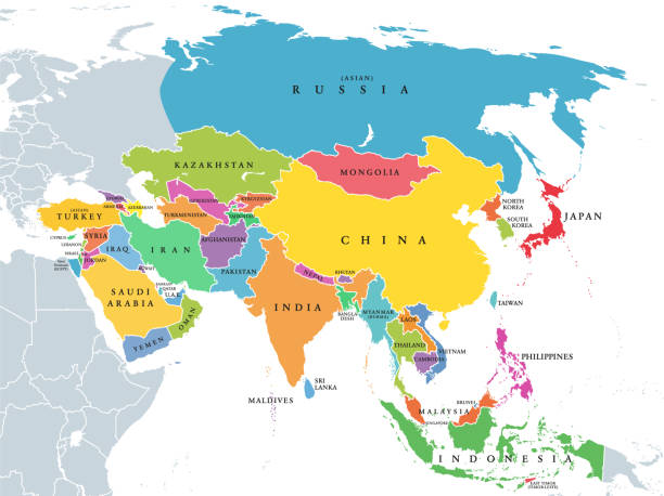 azja, kontynent, główne regiony, mapa polityczna z subregionami - azja wschodu stock illustrations