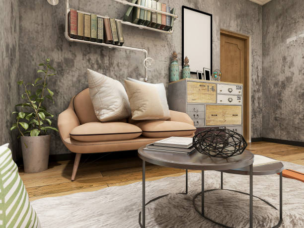 istock 3d rendering, industrial-style residential living room design with sofas, coffee tables, decorative paintings, etc. 1216605411
