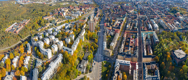 Flying over central Stockholm, apartment buildings