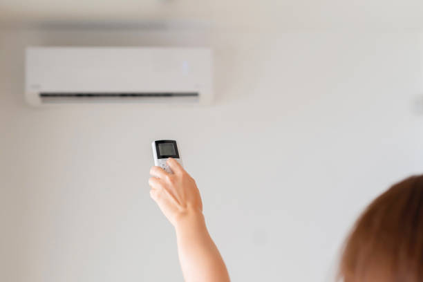istock Brunette woman holding remote controller from air conditioner inside the room. Back view. 1216606662