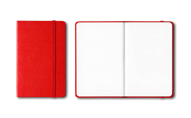 Red closed and open notebooks isolated on white Red closed and open notebooks mockup isolated on white moleskin stock pictures, royalty-free photos & images