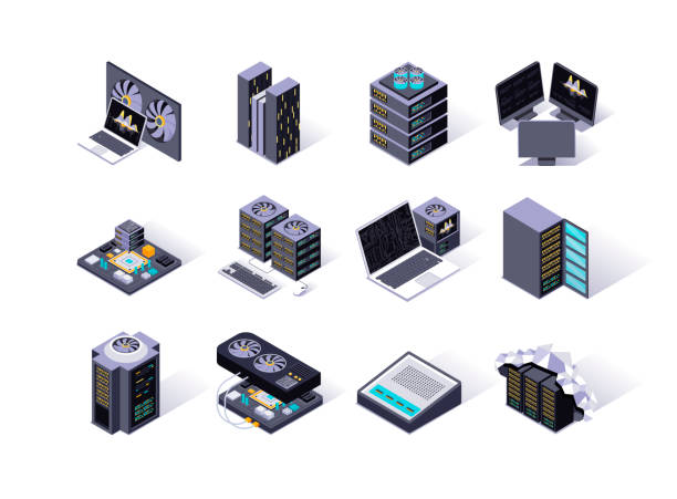 illustrations, cliparts, dessins animés et icônes de ensemble d’icônes isométriques de centre de données. équipement de serveurs, station minière, super ordinateur et routeurs réseau. - network server rack computer mainframe