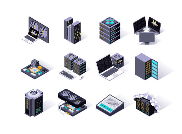 zestaw ikon izometrycznych centrum danych. sprzęt serwerów, stacja górnicza, superkomputery i routery sieciowe. - network server rack computer mainframe stock illustrations
