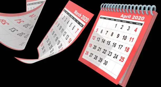 calendar april 2020 monthly  flying pages isolated red - 3d rendering