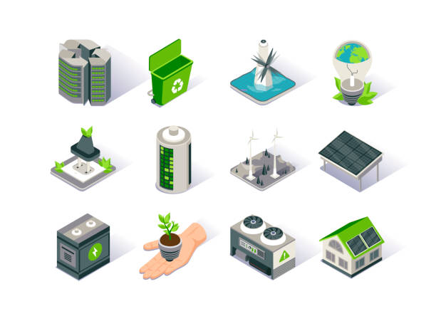 ilustraciones, imágenes clip art, dibujos animados e iconos de stock de conjunto de iconoisométrico de energía limpia. ambiente ecológico y generación de electricidad. fuentes alternativas, producción de energía eólica y solar, central de marea. - power equipment