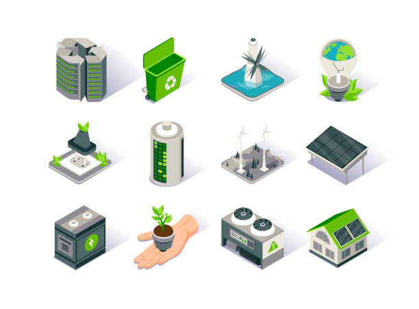Clean energy isometric icon set. Ecology environment and electricity generation. Alternative sources, wind and solar energy production, tidal power station. Clean energy isometric icon set. Ecology environment and electricity generation. Alternative sources, wind and solar energy production, tidal power station. Renewable energy sources 3d vector isometry battery illustrations stock illustrations