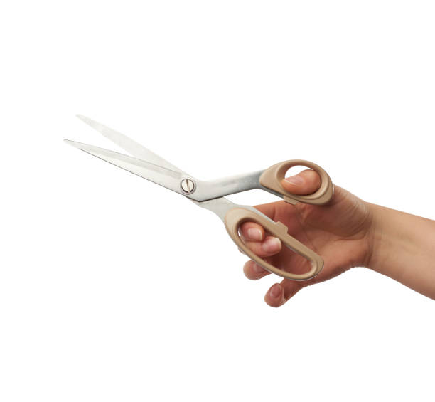 istock female hand holds big metal tailor scissors, object isolated on white background 1216608558