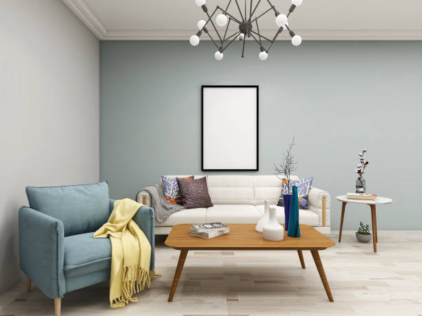 istock 3D rendering, spacious living room design of modern residence, with sofa, tea table, decorative painting, etc 1216608676