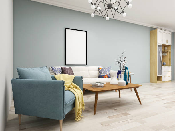 istock 3D rendering, spacious living room design of modern residence, with sofa, tea table, decorative painting, etc 1216608720
