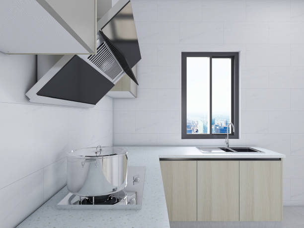 istock 3D rendering,Modern family kitchen design, new cabinets and kitchenware with refrigerators, sunlight from the window. 1216609082
