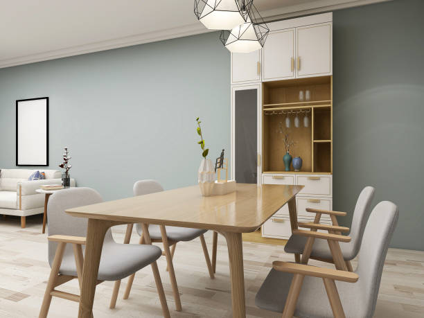 istock 3D rendering, warm dining room area design, wooden table and chair 1216609271