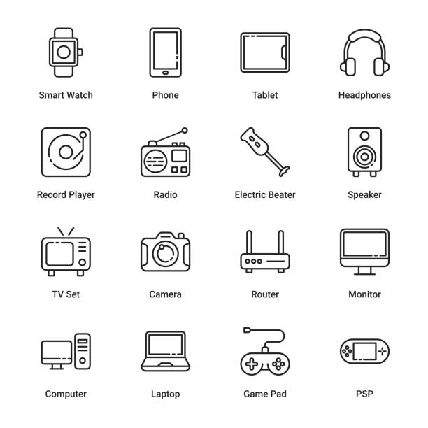 Electronics and Appliances Electronics and Appliances outline Icons - stroke, vector handheld video game stock illustrations