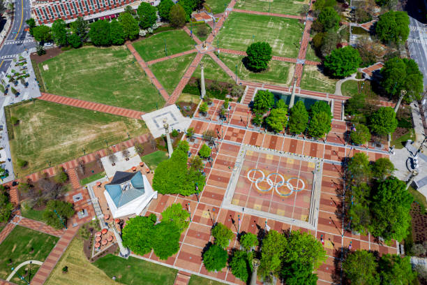 Centennial Olympic Park Empty Due to Coronavirus - Atlanta Georgia Aerial View stock photo
