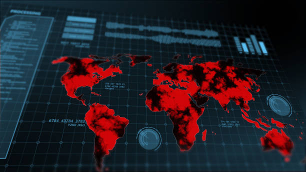 istock World map business crisis and virus spread pandemic HUD user interface futuristic science laboratory monitor screen background 3D COVID Corona virus infect count number warning health care alert sign 1216611800