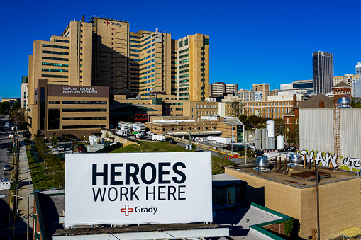 Atlanta, GA, USA - April 2, 2020: Billboard saluting Grady Hospital Healthcare workers during the Coronavirus Pandemic says \