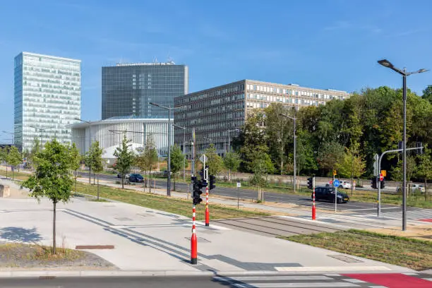 Cityscape Kirchberg, area of Luxembourg city with modern office building European Union