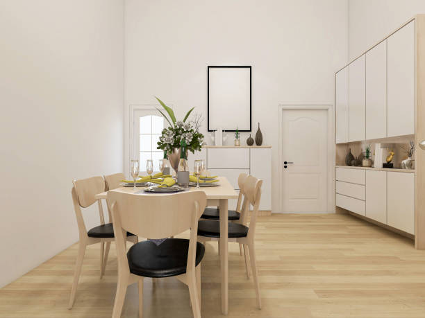 istock 3D rendering, warm dining room area design, wooden table and chair 1216612716