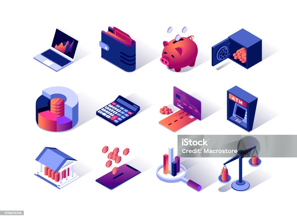 Financial management isometric icons set. Credit card, ATM terminal, wallet, piggy bank, calculator and bank safe. Financial management isometric icons set. Credit card, ATM terminal, wallet, piggy bank, calculator and bank safe. Money saving, banking and investment, calculation and accounting 3d vector isometry. Icon stock vector