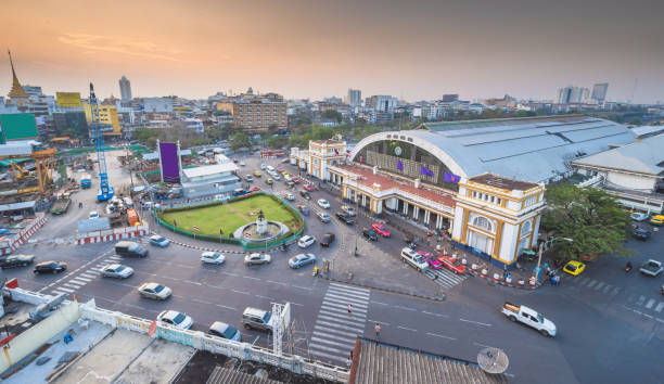 istock Panoramic view Cityscape district (Hua Lamphong Train Station ) from aerial view high building at dusk (Bangkok, Thailand) 1216614828