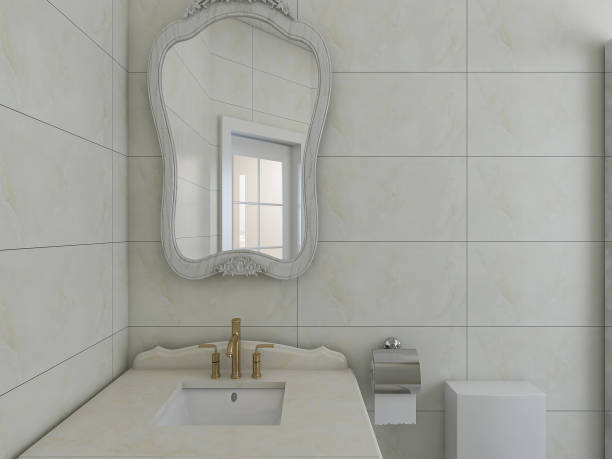 istock 3D rendering,Clean modern residential bathroom and toilet design, which is equipped with washstand, toilet and shower equipment, etc. 1216616196