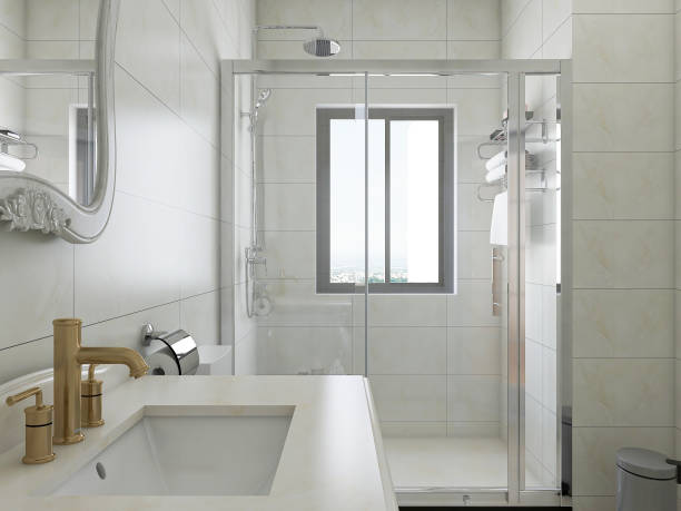 istock 3D rendering,Clean modern residential bathroom and toilet design, which is equipped with washstand, toilet and shower equipment, etc. 1216616553