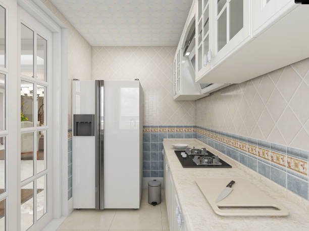 istock 3D rendering,Modern family kitchen design, new cabinets and kitchenware with refrigerators, sunlight from the window. 1216617115