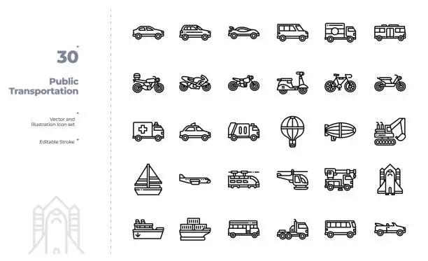 Vector illustration of Vector Color Line Icons Set of Public Transportation. Editable Stroke.