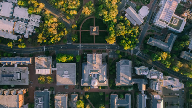 Aerial over the University of North Carolina in the Spring stock photo