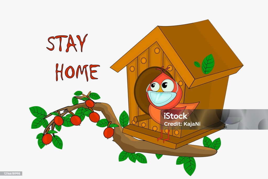 Ilustración de Quédate En El Eslogan De Casa Pájaro Con Máscara Y Pajaritos  y más Vectores Libres de Derechos de Casita de pájaros - iStock