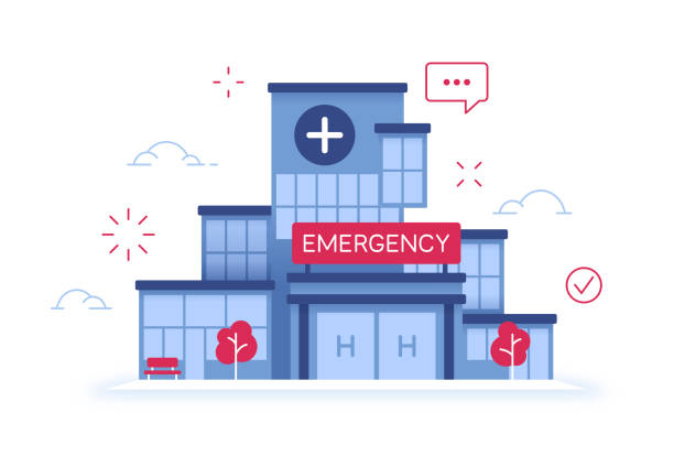 ilustraciones, imágenes clip art, dibujos animados e iconos de stock de edificio del centro de salud médica de la sala de emergencias del hospital - emergency room illustrations