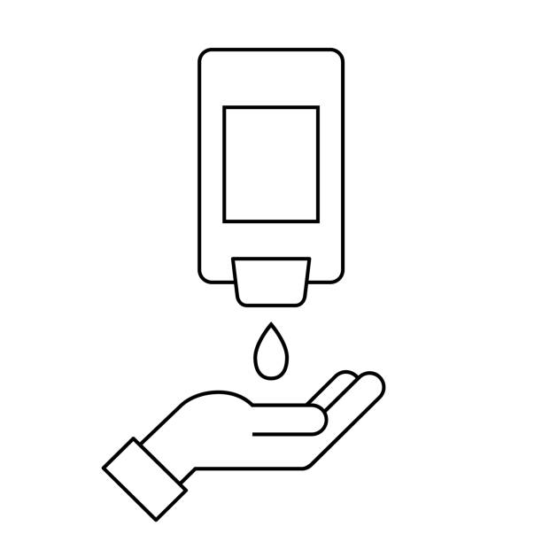 ilustrações de stock, clip art, desenhos animados e ícones de wall-mount hand sanitizer dispenser with a hand. line icon. - hand sanitizer liquid soap hygiene healthy lifestyle