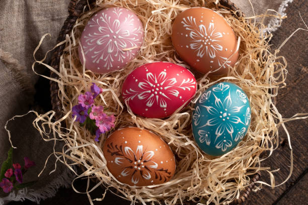 istock Easter eggs decorated with wax in a basket 1216626124