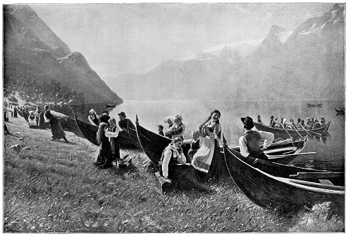 Arrival to the Church, Sunday Morning in Norway by Hans Dahl (circa 19th century). Vintage etching circa late 19th century.