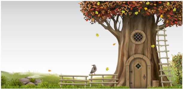 illustrazioni stock, clip art, cartoni animati e icone di tendenza di fantastico paesaggio fantastico con una casa sull'albero - forest hut window autumn