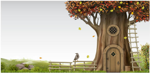 fantastyczny fantastyczny krajobraz z domkiem na drzewie - forest hut window autumn stock illustrations