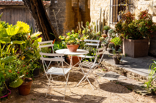 Mediterranean courtyard with plants, chairs and table