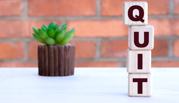 istock QUIT the word on cubes against the background of a brick wall with a cactus. 1216635068