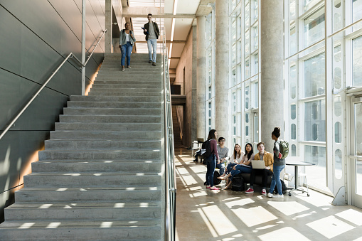 Male and female college friends walk down a long staircase on campus. Other students are studying in a common area.