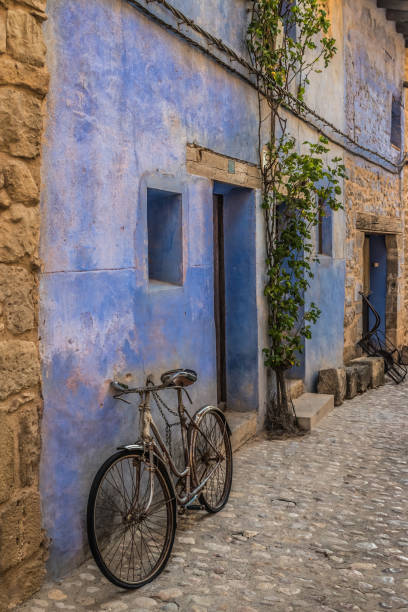 blue facade of blue old house with a bicycle