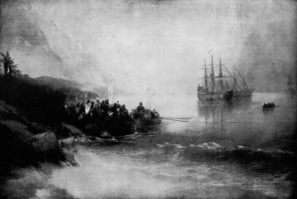 The Landing of Christopher Columbus by Ivan Aivazovsky - 19th Century The Landing of Christopher Columbus by Ivan Konstantinovich Aivazovsky (circa 19th century). Vintage etching circa late 19th century. christopher columbus stock illustrations