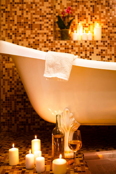 istock Interior of bathroom in retro style with candles burning 1216641364